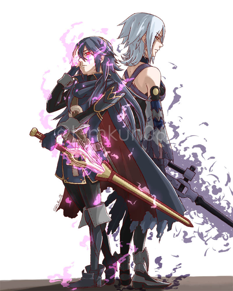 2girls aqua_(kingdom_hearts) armor blue_eyes cape detached_sleeves disney falchion_(fire_emblem) fingerless_gloves fire_emblem fire_emblem:_kakusei full_body gimurei gloves intelligent_systems jewelry keyblade kimkun06 kingdom_hearts kingdom_hearts_birth_by_sleep kingdom_hearts_iii long_hair lucina multiple_girls necklace nintendo red_eyes short_hair simple_background spoilers square_enix super_smash_bros. super_smash_bros._ultimate sword tiara weapon white_hair