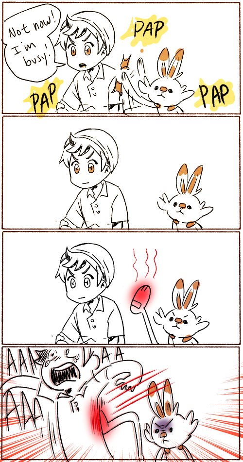 1boy burning creatures_(company) english_text game_freak hat kataro nintendo pain pokemon pokemon_(creature) pokemon_(game) pokemon_swsh scorbunny screaming shirt short_hair speech_bubble