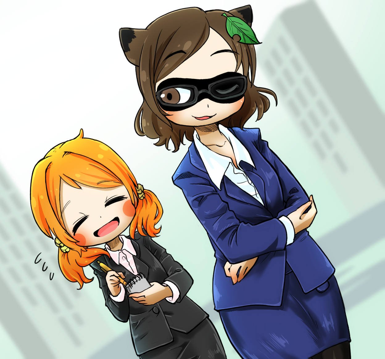 2girls ;d =_= alternate_costume animal_ears bell blush blush_stickers brown_eyes brown_hair building chamaji collarbone collared_shirt commentary_request crossed_arms dutch_angle eyebrows_visible_through_hair flying_sweatdrops formal futatsuiwa_mamizou hair_ornament jacket jingle_bell leaf leaf_hair_ornament leaf_on_head long_sleeves looking_back motoori_kosuzu multiple_girls no_tail notepad one_eye_closed open_mouth orange_hair outdoors pen raccoon_ears shirt short_hair skirt skirt_suit smile suit touhou twintails unbuttoned unbuttoned_shirt wing_collar