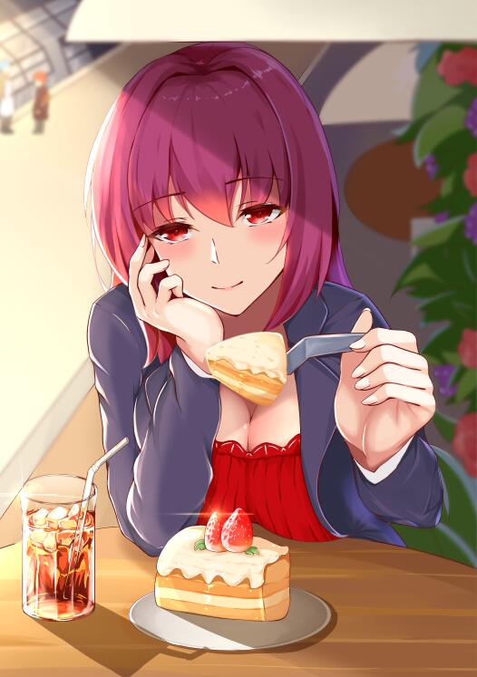 blush breast_rest breasts cake casual chun-ge cleavage commentary_request eyebrows_visible_through_hair fate/grand_order fate_(series) food fork fruit glass hair_intakes iced_tea jacket large_breasts long_hair long_sleeves looking_at_viewer offering plant purple_hair red_eyes scathach_(fate)_(all) scathach_(fate/grand_order) smile solo straw strawberry strawberry_shortcake table