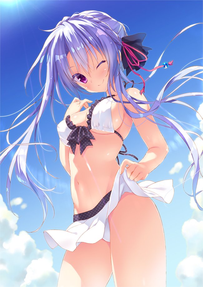 1girl ;) bangs bikini bikini_skirt blue_hair blush braid breasts clouds frilled_bikini frills from_below hair_ornament large_breasts long_hair looking_at_viewer miniskirt navel one_eye_closed original ryouka_(suzuya) skirt skirt_lift sky smile solo sunlight swimsuit tied_hair violet_eyes