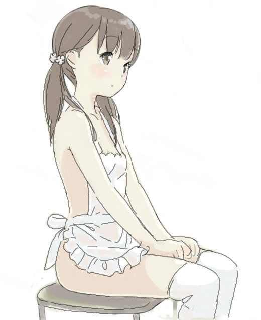 1girl apron bangs blush brown_eyes brown_hair closed_mouth eyebrows_visible_through_hair flower frilled_apron frills hair_flower hair_ornament hands_on_lap kokudou_juunigou long_hair looking_away naked_apron on_stool original over-kneehighs simple_background sitting solo stool thigh-highs twintails white_apron white_background white_flower white_legwear