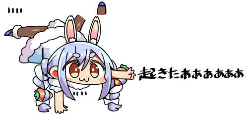 1girl :3 animal_ears bangs blue_footwear blue_hair blush bow braid brown_eyes brown_legwear bunny_girl bunny_tail carrot_hair_ornament chibi closed_mouth don-chan_(hololive) dress eyebrows_visible_through_hair food_themed_hair_ornament full_body fur-trimmed_dress fur_trim hair_between_eyes hair_bow hair_ornament handstand hololive kanikama lowres multicolored_hair pantyhose puffy_short_sleeves puffy_sleeves rabbit_ears short_eyebrows short_sleeves sidelocks simple_background tail thick_eyebrows translation_request twin_braids twintails two-tone_hair usada_pekora virtual_youtuber white_background white_bow white_dress white_hair