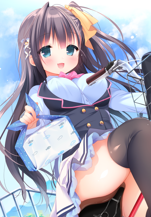 1girl :d bangs bicycle bicycle_basket black_legwear black_vest blue_shirt blue_sky blush breasts brown_hair clouds cloudy_sky commentary_request day dress_shirt eyebrows_visible_through_hair fang green_eyes ground_vehicle hair_between_eyes hair_ribbon holding long_hair long_sleeves medium_breasts moe2019 obentou one_side_up open_mouth orange_ribbon original outdoors piyodera_mucha ribbon school_uniform shirt sidelocks sitting skirt sky smile solo thigh-highs very_long_hair vest white_skirt