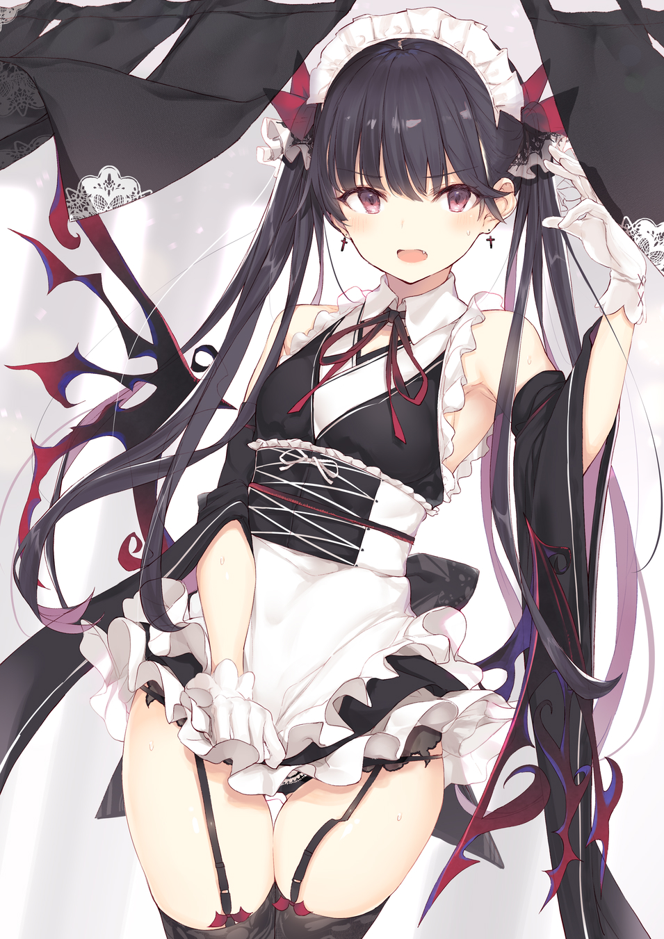1girl :o apron armpits bare_shoulders black_hair black_legwear black_panties black_shirt black_skirt blush breasts commentary_request cowboy_shot cross demon_girl demon_wings detached_sleeves earrings fang frills garter_belt gloves hair_ribbon hand_up highres jewelry long_hair looking_at_viewer maid maid_apron maid_headdress miniskirt nanananana neck_ribbon open_mouth original panties red_eyes red_neckwear red_ribbon ribbon shirt skirt skirt_pull sleeveless small_breasts solo standing sweat thigh-highs thigh_gap twintails underbust underwear very_long_hair white_apron white_gloves wide_sleeves wing_collar wings