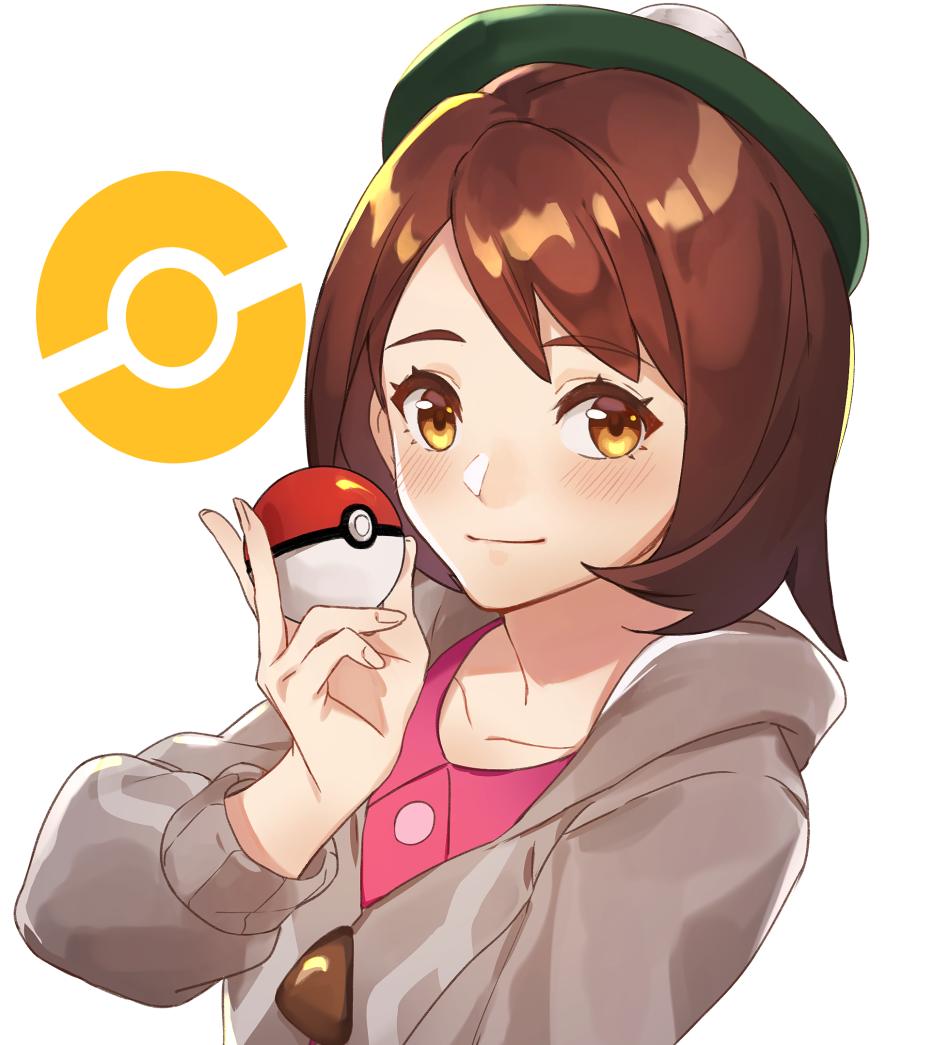 1girl bangs beret blush brown_eyes brown_hair closed_mouth creatures_(company) female_protagonist_(pokemon_swsh) game_freak green_hat grey_coat hat holding holding_poke_ball kamu_(kamuuei) long_hair looking_at_viewer nintendo poke_ball pokemon pokemon_(game) pokemon_swsh simple_background smile solo