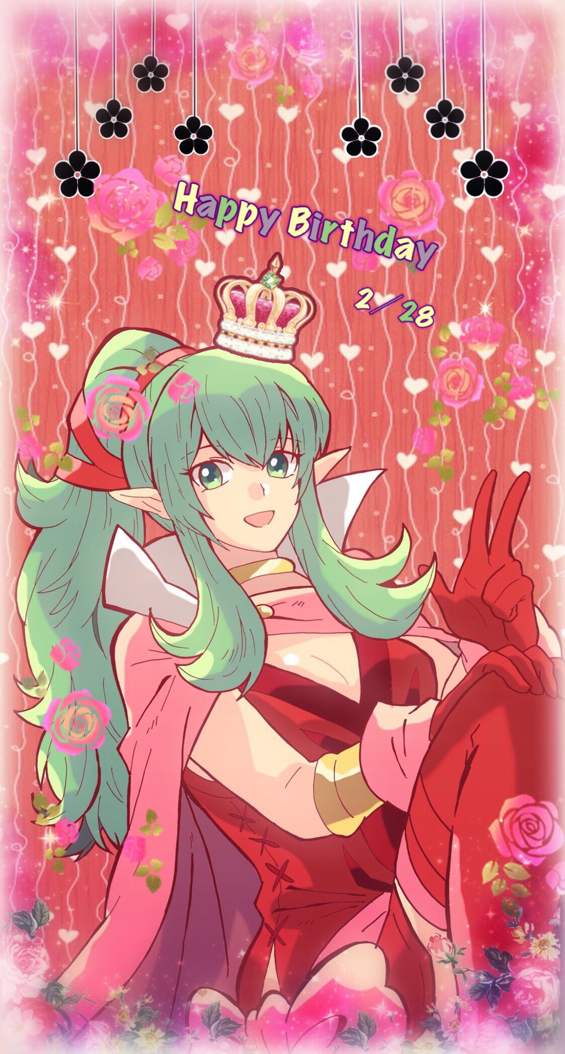 1girl boots breasts cape chiki crown dragon dress fire_emblem fire_emblem:_kakusei fire_emblem:_mystery_of_the_emblem garter_straps gloves green_eyes green_hair hair_ornament highres jewelry kiriya_(552260) large_breasts long_hair looking_at_viewer nintendo older open_mouth pointy_ears ponytail red_dress short_dress side_slit smile solo strapless strapless_dress thigh-highs thigh_boots tiara
