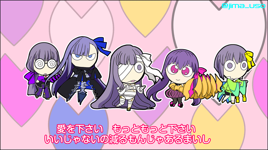5girls bandage_over_one_eye bow claws coke-bottle_glasses drill_hand fate/extra fate/extra_ccc fate/extra_ccc_fox_tail fate/grand_order fate_(series) glasses hair_bow jimauso kazuradrop keroro_gunsou kingprotea meltlilith multiple_girls parody passion_lip purple_hair sleeves_past_fingers sleeves_past_wrists smile style_parody twitter_username violet_(fate/extra_ccc) wide_sleeves