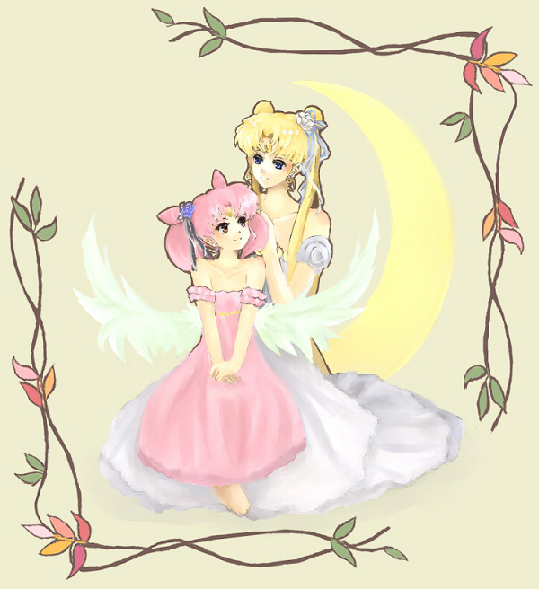 bare_shoulders barefoot bishoujo_senshi_sailor_moon blonde_hair chibi_usa crescent crescent_moon double_bun double_buns dress feet gown mother_and_daughter multiple_girls nako pink_hair princess_serenity short_twintails small_lady_serenity toes tsukino_usagi twintails wings