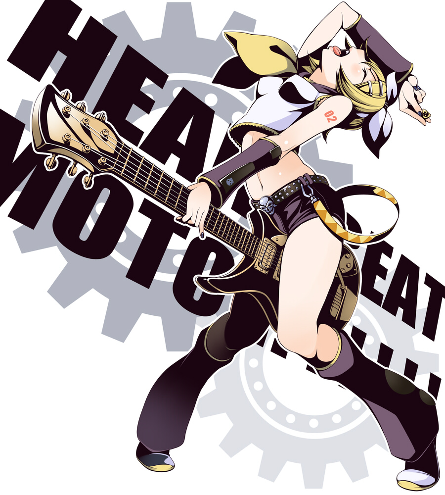 blonde_hair closed_eyes guitar hair_ornament hairclip instrument kagamine_rin midriff nail_polish navel short_hair shorts torigoe_takumi vocaloid