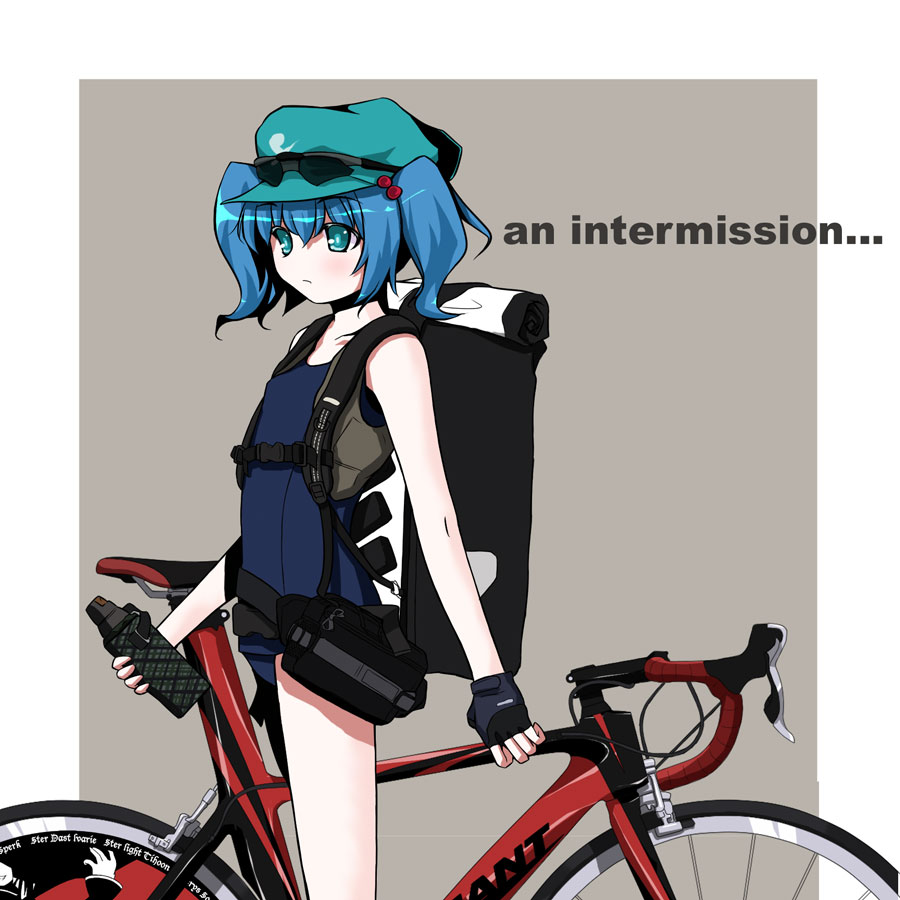 bicycle blue_hair hat kawashiro_nitori one-piece_swimsuit road_bicycle school_swimsuit short_hair swimsuit tama_(pixiv) tama_(speedgrapher) touhou