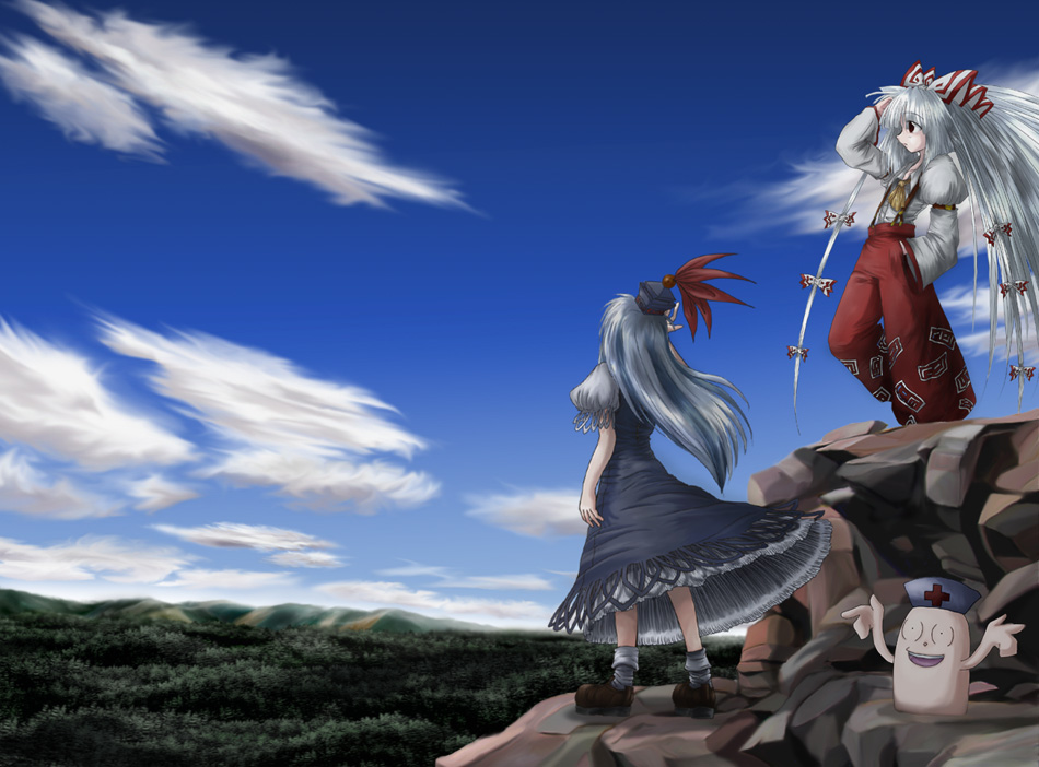 blue_hair bow dress forest fujiwara_no_mokou hair_bow hat kamishirasawa_keine landscape long_hair marumen multiple_girls nature ribbon scenery suspenders touhou white_hair yagokoro