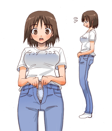 brown_eyes brown_hair clothes_writing jeans lowres open_fly panties short_hair sweat t-shirt underwear undressing unzipped yotsubato!