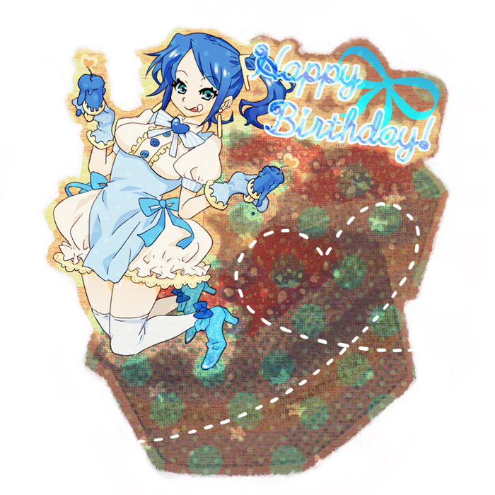 birthday blue_hair boots candels candle dress earrings gloves green_eyes jewelry jump jumping mot pixiv pixiv-tan ribbon ribbons side_ponytail thigh-highs thighhighs tongue