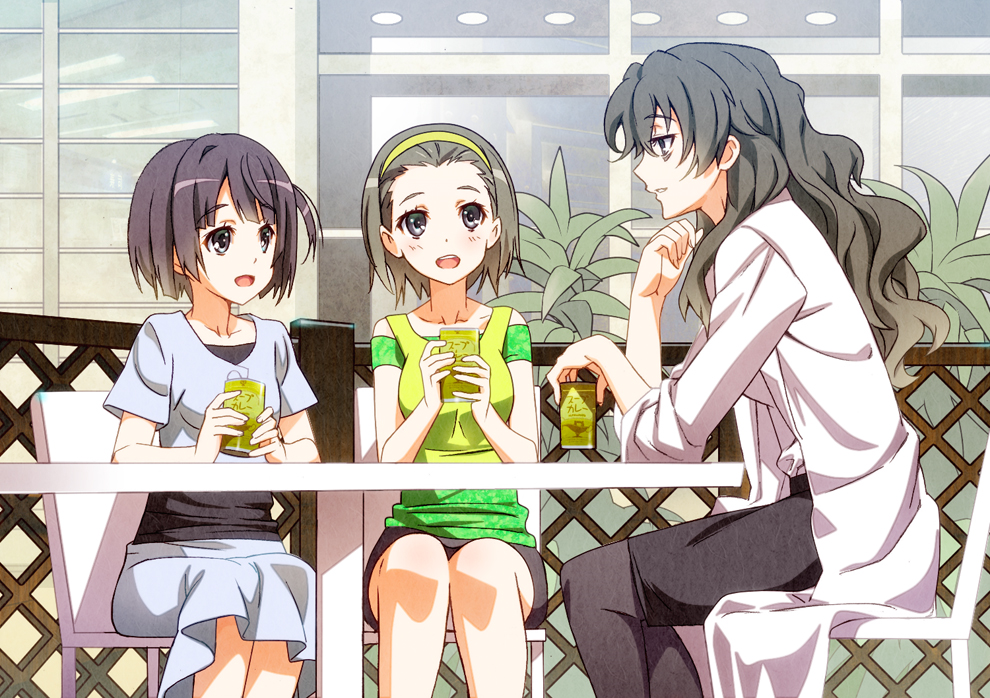 3girls brown_eyes brown_hair edasaki_banri haruue_erii kiyama_harumi long_hair multiple_girls nyoronyoro pantyhose short_hair to_aru_kagaku_no_railgun to_aru_majutsu_no_index