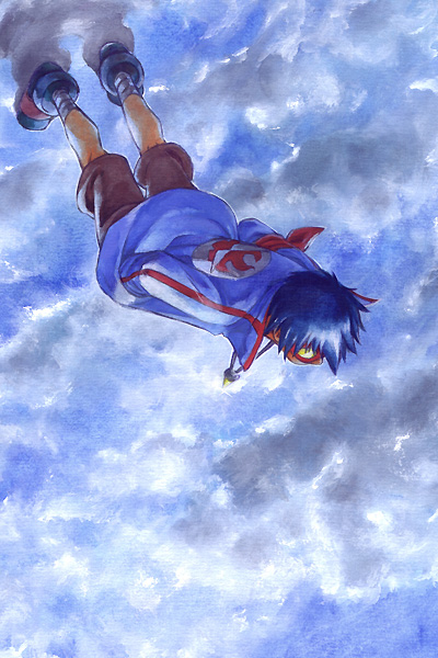 blue_hair cloud clouds male mei_tsu_yuumi simon tengen_toppa_gurren-lagann tengen_toppa_gurren_lagann upside-down upside_down