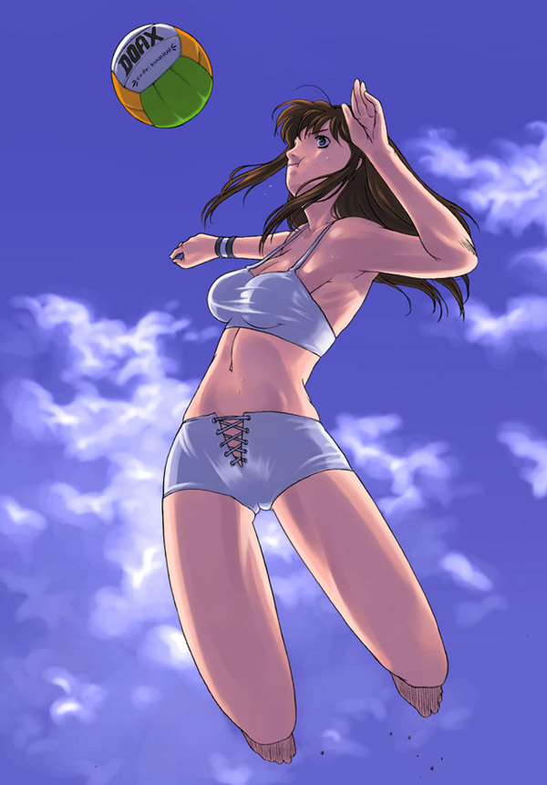 barefoot bikini blue_eyes brown_hair dead_or_alive feet g-room_honten hitomi jump jumping long_hair navel outside shorts swimsuit toes volleyball wristband