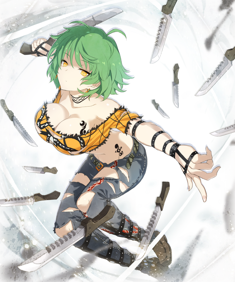 1girl ahoge bare_shoulders breasts cleavage closed_mouth collarbone crop_top denim expressionless green_hair hikage_(senran_kagura) holding holding_weapon knife large_breasts leaning_forward looking_at_viewer pants senran_kagura short_hair short_sleeves slit_pupils solo tattoo torn_clothes torn_pants waga weapon yellow_eyes