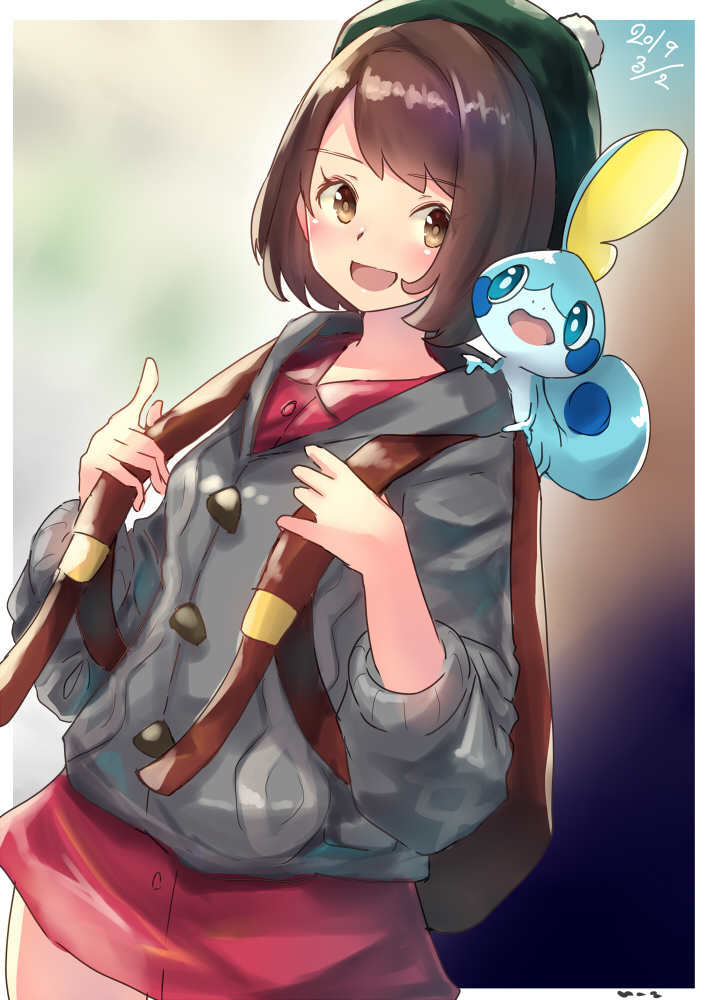 1girl animal animal_on_shoulder backpack bag beret blush brown_eyes brown_hair commentary creatures_(company) dated dress e-co female_protagonist_(pokemon_swsh) game_freak hat hood hooded_sweater looking_back nintendo pokemon pokemon_(creature) pokemon_(game) pokemon_on_shoulder pokemon_swsh smile sobble sweater