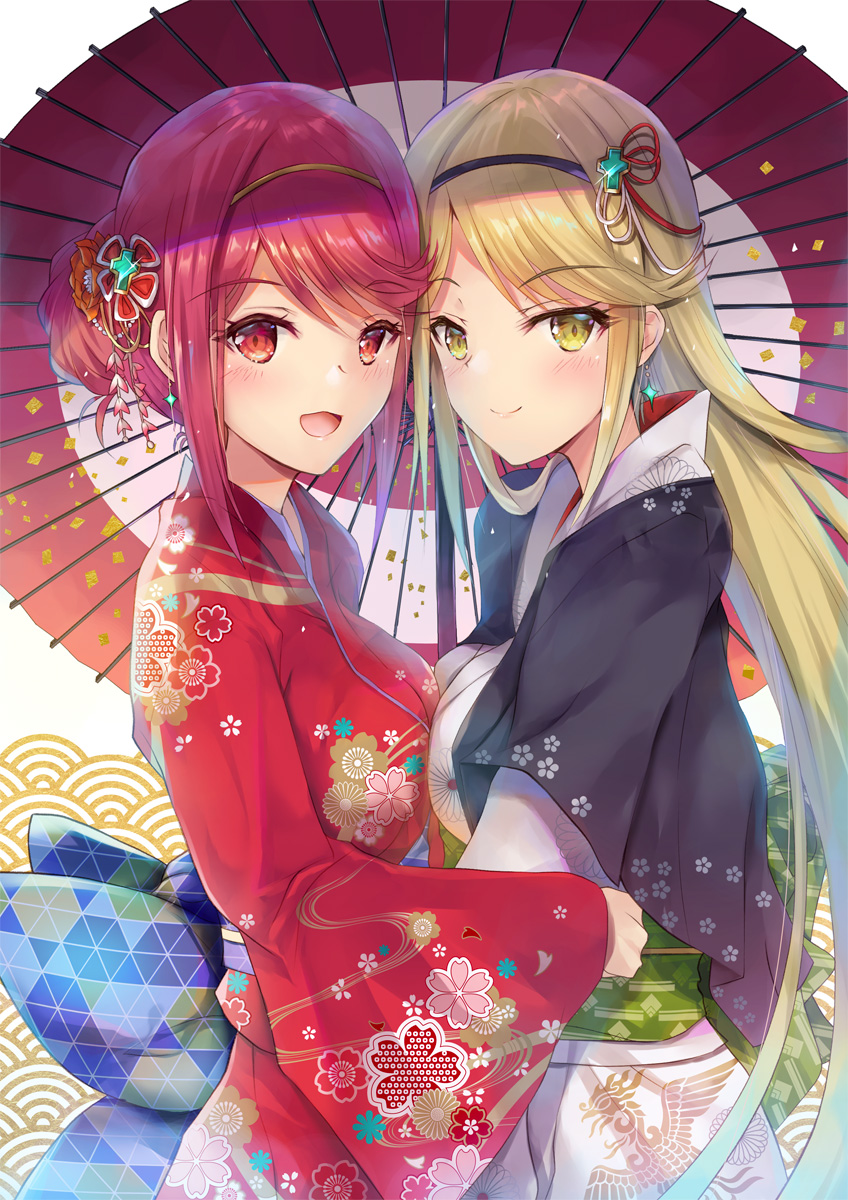 2girls bangs blonde_hair blush breast_press breasts dress earrings gloves highres mythra_(xenoblade) hinot pyra_(xenoblade) japanese_clothes jewelry kimono large_breasts long_hair looking_at_viewer multiple_girls new_year nintendo one_eye_closed red_eyes redhead short_hair simple_background smile tiara tied_hair umbrella xenoblade_(series) xenoblade_2 yellow_eyes