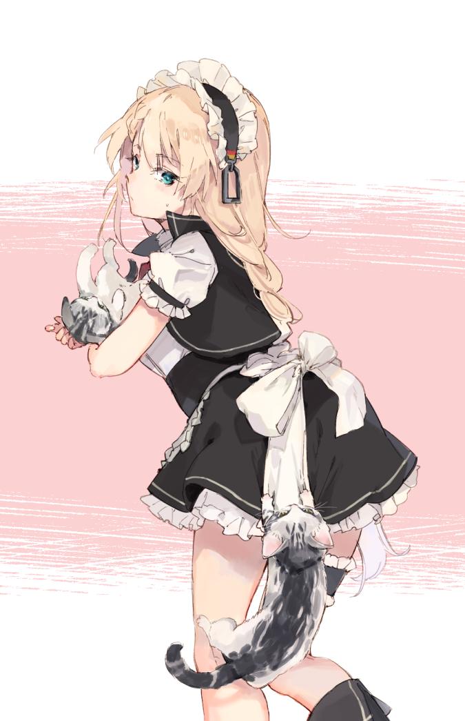 1girl animal apron bangs blonde_hair blue_eyes blush braid cat closed_mouth eyebrows_visible_through_hair frills from_side g36_(girls_frontline) girls_frontline hanging holding holding_animal holding_cat long_hair maid maid_apron maid_headdress multicolored multicolored_background short_sleeves shuzi simple_background skirt solo sweat