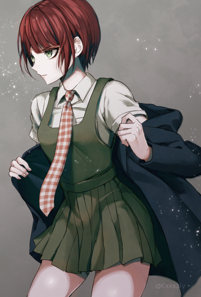 1girl bangs dangan_ronpa green_eyes grey_background grey_shirt koizumi_mahiru leaning_forward miniskirt necktie pleated_skirt redhead sakuyu shirt short_hair short_sleeves skirt solo standing super_dangan_ronpa_2 twitter_username