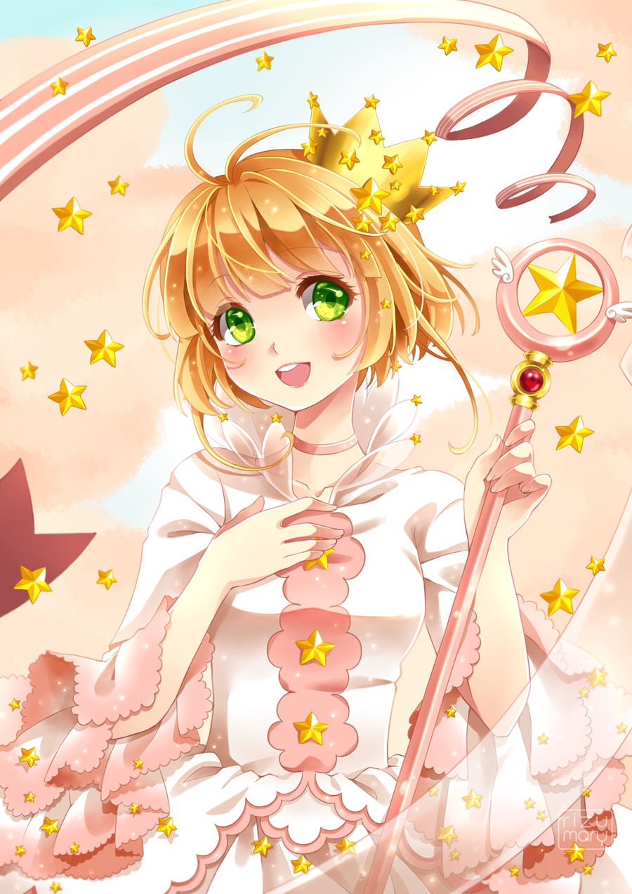 1girl ahoge arms_up artist_name bangs blue_sky breasts card_captor_sakura choker crown dress eyebrows_visible_through_hair green_eyes hand_on_own_chest head_tilt highres holding holding_wand hoshi_no_tsue kinomoto_sakura long_sleeves looking_at_viewer open_mouth orange_hair pink_choker pink_cloud ribbon rizumary short_hair sky small_breasts solo standing star striped striped_ribbon upper_body upper_teeth wand white_dress