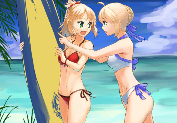 ahoge artoria_pendragon_(all) artoria_pendragon_(swimsuit_archer) bikini blue_ribbon blue_sky bracelet braided_bun breasts cleavage clouds collarbone cowboy_shot day eye_contact eyebrows_visible_through_hair fate/grand_order fate_(series) from_side green_eyes groin hair_ornament hair_ribbon hair_scrunchie hand_on_another's_shoulder jewelry looking_at_another mordred_(fate)_(all) mordred_(swimsuit_rider)_(fate) navel ocean open_mouth outdoors ponytail red_bikini red_scrunchie ribbon scrunchie side-tie_bikini sky small_breasts swimsuit touru_10ru