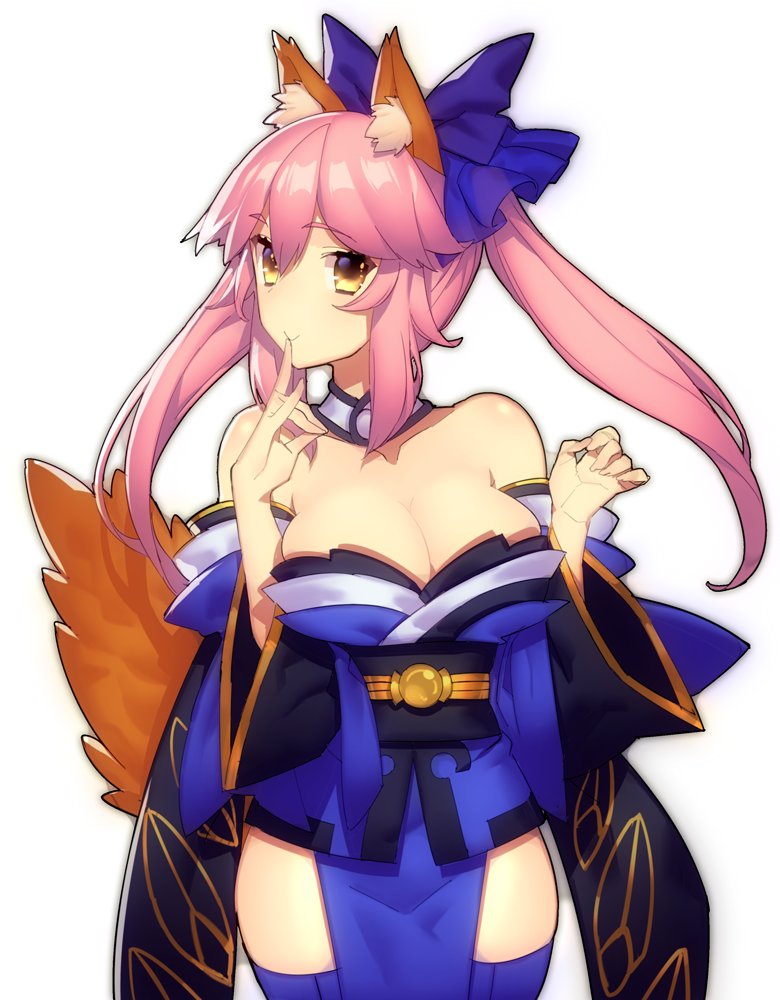 1girl animal_ears bangs bare_shoulders blue_bow blue_kimono blush bow breasts cleavage closed_mouth fate/extra fate_(series) fox_ears fox_girl fox_tail hair_between_eyes hair_bow japanese_clothes kimono large_breasts long_hair looking_at_viewer mckeee obi pelvic_curtain pink_hair sash sidelocks simple_background smile solo tail tamamo_(fate)_(all) tamamo_no_mae_(fate) twintails white_background wide_sleeves yellow_eyes