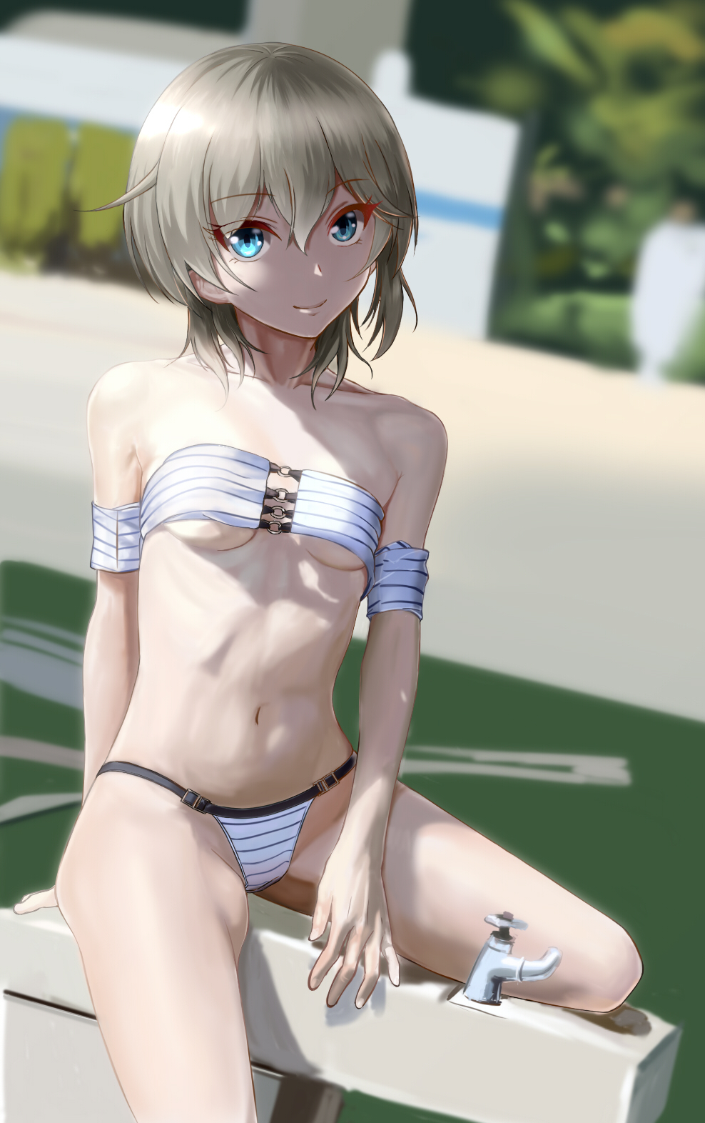 1girl anastasia_(idolmaster) bangs bare_shoulders bikini blue_eyes blurry blurry_background breasts brown_hair closed_mouth collarbone commentary_request day depth_of_field drinking_fountain dutch_angle eyebrows_visible_through_hair fingernails groin hair_between_eyes highres idolmaster idolmaster_cinderella_girls looking_at_viewer medium_breasts navel o-ring o-ring_bikini o-ring_top outdoors sitting smile solo strapless strapless_bikini striped striped_bikini swimsuit taka_(takahirokun) white_bikini