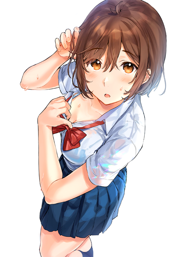 1girl :o blue_legwear blue_skirt blush bow bowtie breasts brown_eyes brown_hair cleavage collarbone collared_shirt commentary_request from_above hair_between_eyes hand_up kneehighs looking_at_viewer medium_breasts original parted_lips pleated_skirt red_neckwear sanpaku school_uniform shirt shirt_tucked_in short_hair short_sleeves sidelocks simple_background skirt solo standing sweat tan_(tangent) white_background white_shirt