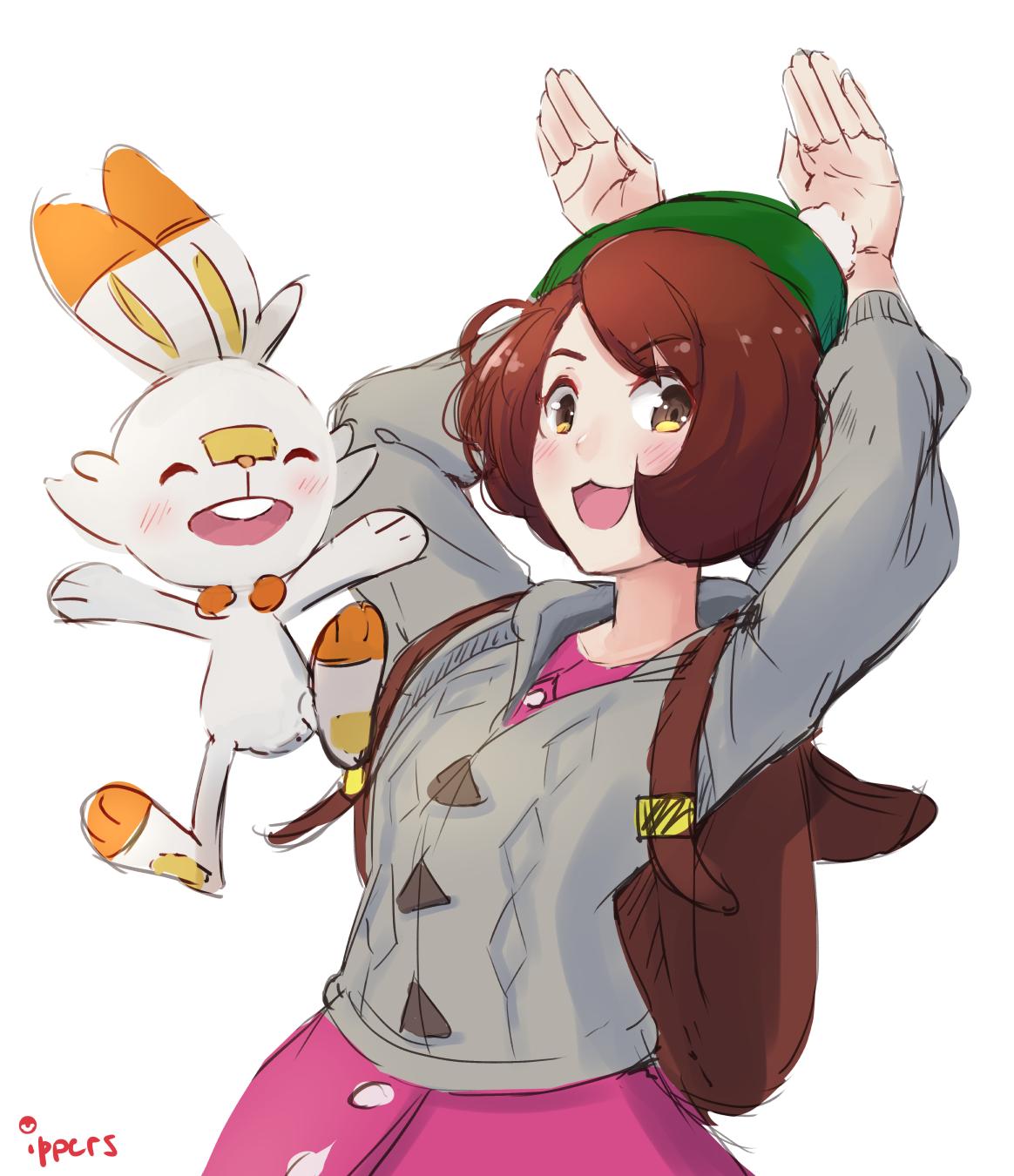 1girl animal_ears bag blush brown_eyes brown_hair bunny_pose creature creatures_(company) female_protagonist_(pokemon_swsh) game_freak gen_8_pokemon green_hat happy hat highres ippers looking_at_viewer nintendo open_mouth pokemon pokemon_(creature) pokemon_(game) pokemon_swsh rabbit rabbit_ears scorbunny short_hair simple_background smile tam_o'_shanter white_background