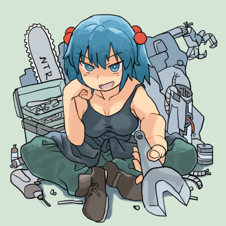 1girl :d bangs black_shirt blue_eyes blue_hair blue_pupils breasts bright_pupils brown_footwear chainsaw cleavage eyebrows_visible_through_hair green_pants hair_between_eyes hair_bobbles hair_ornament holding holding_wrench kawashiro_nitori medium_breasts nail okbnkn open_mouth pants screwdriver shirt shoelaces shoes short_hair smile solo tank_top touhou wire wrench