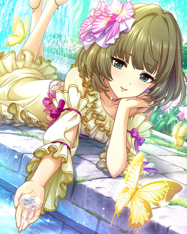 1girl artist_request bangs bare_shoulders barefoot blue_eyes bow brown_hair bug butterfly choker collarbone day detached_sleeves dress earrings eyebrows_visible_through_hair flower frills fringe_trim hair_ornament idolmaster idolmaster_cinderella_girls insect jewelry jpeg_artifacts lying mole mole_under_eye official_art on_stomach outdoors short_hair smile solo takagaki_kaede vegetation water