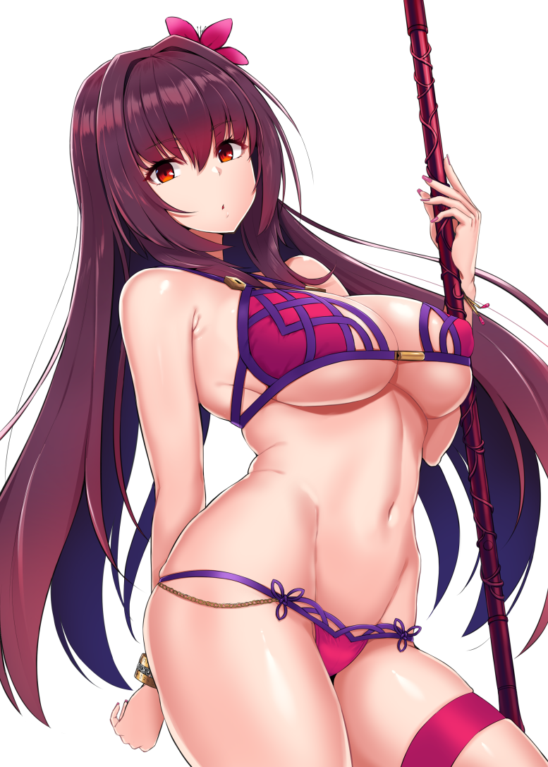1girl bangs bare_shoulders bikini blush breasts cleavage collarbone fate/grand_order fate_(series) flower hair_between_eyes hair_flower hair_intakes hair_ornament hibiscus large_breasts long_hair looking_at_viewer mitsukazu_(nijigen_complex) nail_polish navel pink_bikini purple_hair red_eyes scathach_(fate)_(all) scathach_(fate/grand_order) scathach_(swimsuit_assassin)_(fate) simple_background solo swimsuit under_boob white_background