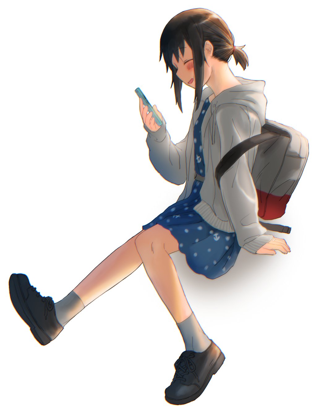 1girl alternate_costume anchor_symbol backpack bag black_footwear black_hair blue_dress cellphone closed_eyes dress ergot fubuki_(kantai_collection) full_body highres hood hooded_jacket hoodie invisible_chair jacket kantai_collection lace-up_shoes looking_at_phone low_ponytail open_mouth phone polka_dot polka_dot_dress ponytail short_ponytail sidelocks simple_background sitting smile socks solo white_background white_jacket white_legwear