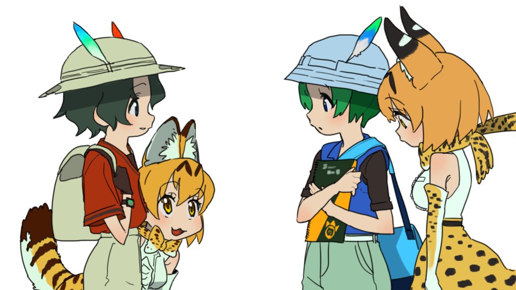 4girls animal_ears backpack bag black_gloves black_hair blonde_hair blue_vest dual_persona elbow_gloves gen-san_(x_xxxg) gloves green_hair kaban_(kemono_friends) kemono_friends kyururu_(kemono_friends) messenger_bag multiple_girls red_shirt serval_(kemono_friends) serval_ears serval_print serval_tail shirt short_hair shoulder_bag sketchbook skirt smile tail vest