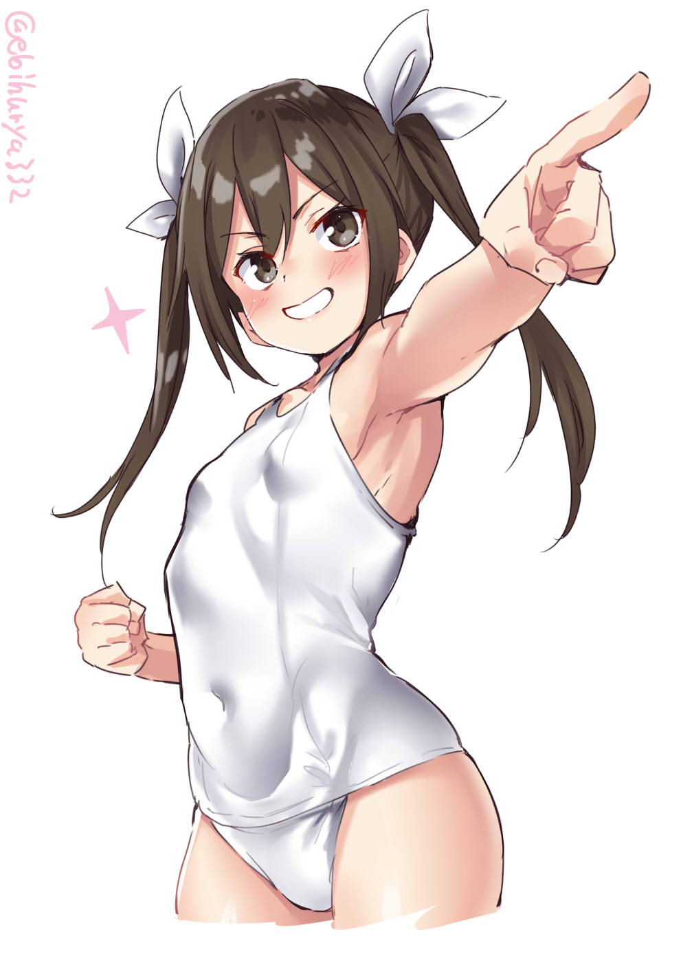 1girl alternate_costume armpits bare_shoulders blush breasts brown_hair collarbone covered_navel cowboy_shot ebifurya erect_nipples grin hair_between_eyes hair_ribbon highres kantai_collection long_hair looking_to_the_side one-piece_swimsuit outstretched_arm pointing ribbon school_swimsuit simple_background small_breasts smile solo swimsuit thighs tone_(kantai_collection) twintails twitter_username white_background white_school_swimsuit white_swimsuit