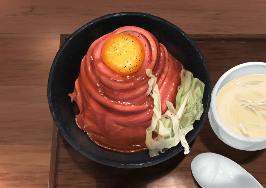 bowl cabbage commentary_request donburi egg_yolk food liquid meat no_humans original spoon still_life umitsuki_yu