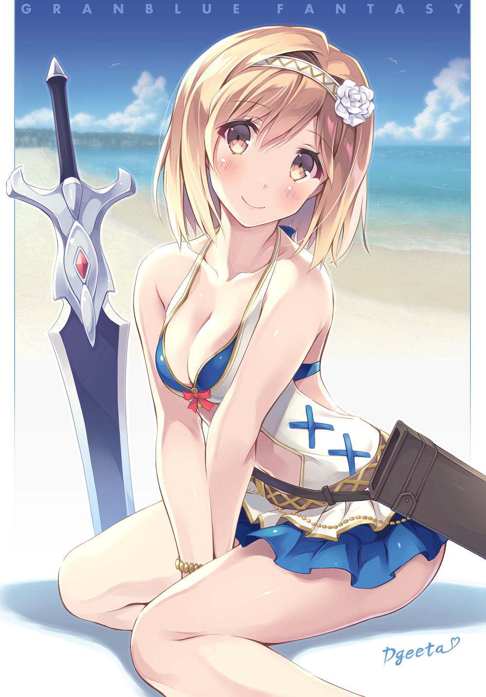 1girl arms_between_legs bangs beach belt bird blonde_hair blue_sky bracelet breasts brown_eyes casual_one-piece_swimsuit character_name cleavage clouds collarbone copyright_name day djeeta_(granblue_fantasy) english_text eyebrows_visible_through_hair flower gem granblue_fantasy hair_flower hair_intakes hair_ornament hairband halterneck head_tilt heart highres horizon itoichi. jewelry looking_at_viewer medium_breasts navel_cutout ocean one-piece_swimsuit outdoors revision rose sheath short_hair sitting sky smile solo swimsuit sword v_arms water weapon white_flower white_rose yokozuwari