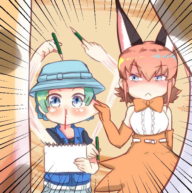 animal_ears blood blue_eyes blue_vest bow bowtie caracal_(kemono_friends) caracal_ears cheetah_(kemono_friends) drawing elbow_gloves gloves green_hair hat kemono_friends kyururu_(kemono_friends) multicolored_hair multiple_girls nosebleed pencil pronghorn_(kemono_friends) shima_noji_(dash_plus) shirt short_hair short_sleeves sketchbook two-tone_hair vest