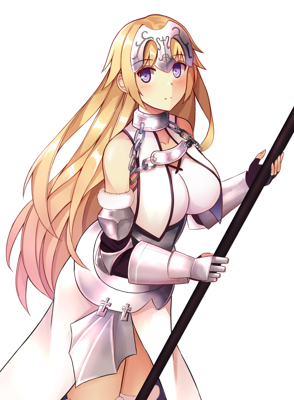 1girl armor armored_dress blonde_hair blue_eyes blush breasts chains choker collarbone detached_sleeves dress eyebrows_visible_through_hair fate/apocrypha fate_(series) faulds floating_hair frontera fur-trimmed_sleeves fur_trim gauntlets headpiece highres holding_polearm jeanne_d'arc_(fate) jeanne_d'arc_(fate)_(all) large_breasts long_hair looking_at_viewer shiny shiny_hair side_slit simple_background sleeveless sleeveless_dress solo standing very_long_hair white_background white_dress