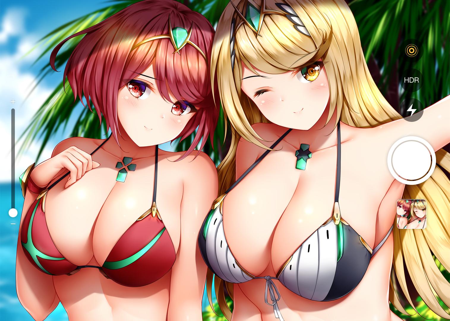 2girls bangs bare_shoulders beach bikini blonde_hair blue_sky blush bracelet breasts cleavage closed_mouth clouds collarbone commentary day eyebrows_visible_through_hair gem hair_between_eyes hair_ornament headpiece mythra_(xenoblade) holding pyra_(xenoblade) jewelry large_breasts leaf long_hair looking_at_viewer multicolored multicolored_clothes multiple_girls nintendo ocean one_eye_closed outdoors palm_tree red_eyes redhead self_shot short_hair sky smile swept_bangs swimsuit tiara tree water wsman xenoblade_(series) xenoblade_2 yellow_eyes