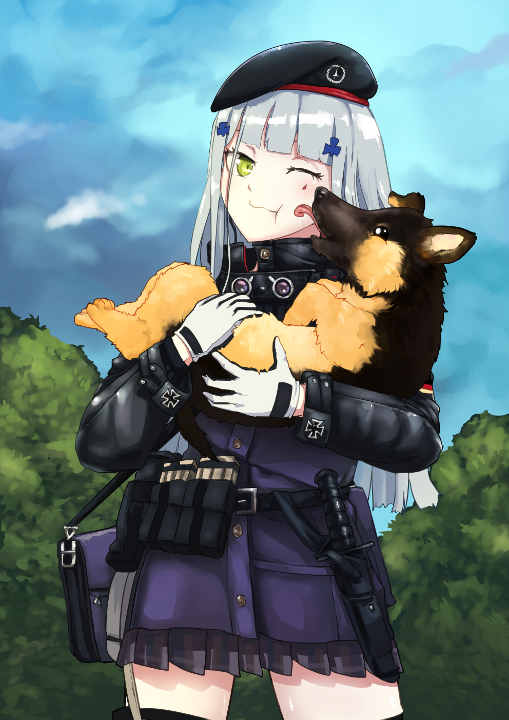 1girl beret carrying combat_knife dog face_licking forest german_flag german_shepherd girls_frontline green_eyes hat hessra highres hk416_(girls_frontline) holstered_weapon iron_cross knife licking magazine_(weapon) nature silver_hair smile weapon