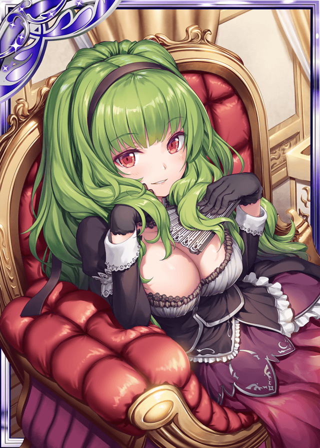 1girl akkijin black_gloves breasts card_(medium) chair curtains dress fan gloves green_hair hair_ornament holding holding_fan indoors large_breasts long_hair looking_at_viewer official_art purple_dress red_eyes shinkai_no_valkyrie sitting