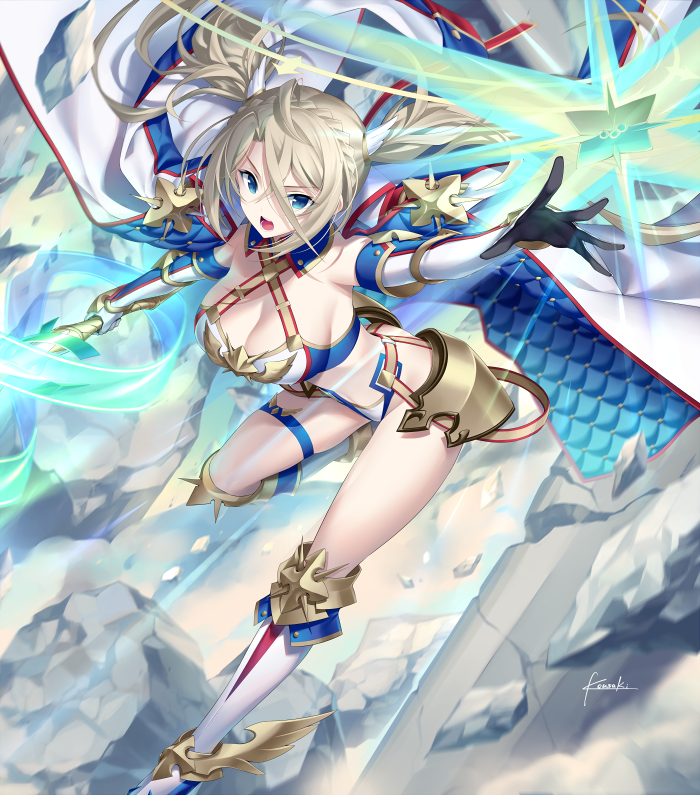 1girl bangs bikini blonde_hair blue_bikini blue_eyes boots bradamante_(fate/grand_order) braid breasts cleavage crown_braid elbow_gloves fate/grand_order fate_(series) faulds gloves hair_between_eyes jacket_on_shoulders knee_boots kousaki_rui large_breasts long_hair looking_at_viewer open_mouth outstretched_arm solo swimsuit thigh_strap thighs twintails two-tone_bikini very_long_hair white_bikini white_coat white_footwear