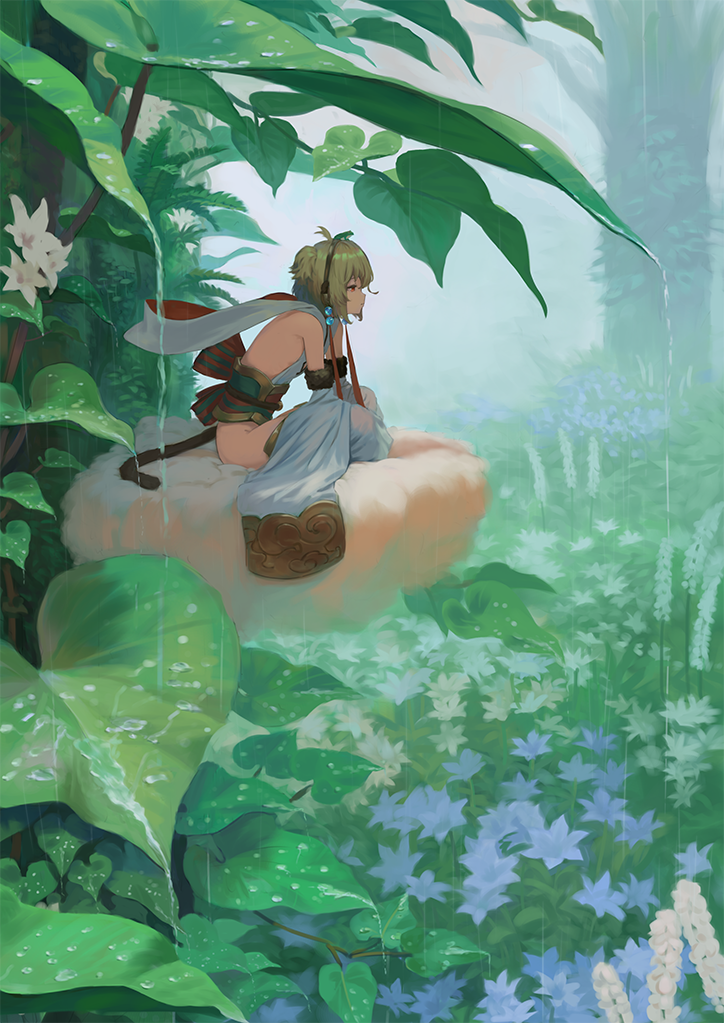 1girl ahoge andira_(granblue_fantasy) animal animal_on_head back_bow bare_shoulders beads bird_nest blonde_hair blue_flower bow bush detached_sleeves flower frog from_side fur-trimmed_sleeves fur_trim granblue_fantasy hair_beads hair_ornament leaf leaning_forward leotard long_sleeves minigirl monkey_tail nature obi on_head one_side_up outdoors profile rain red_eyes sash short_hair sitting solo tail thigh-highs tree wasabi60 water white_flower white_legwear white_leotard wide_sleeves