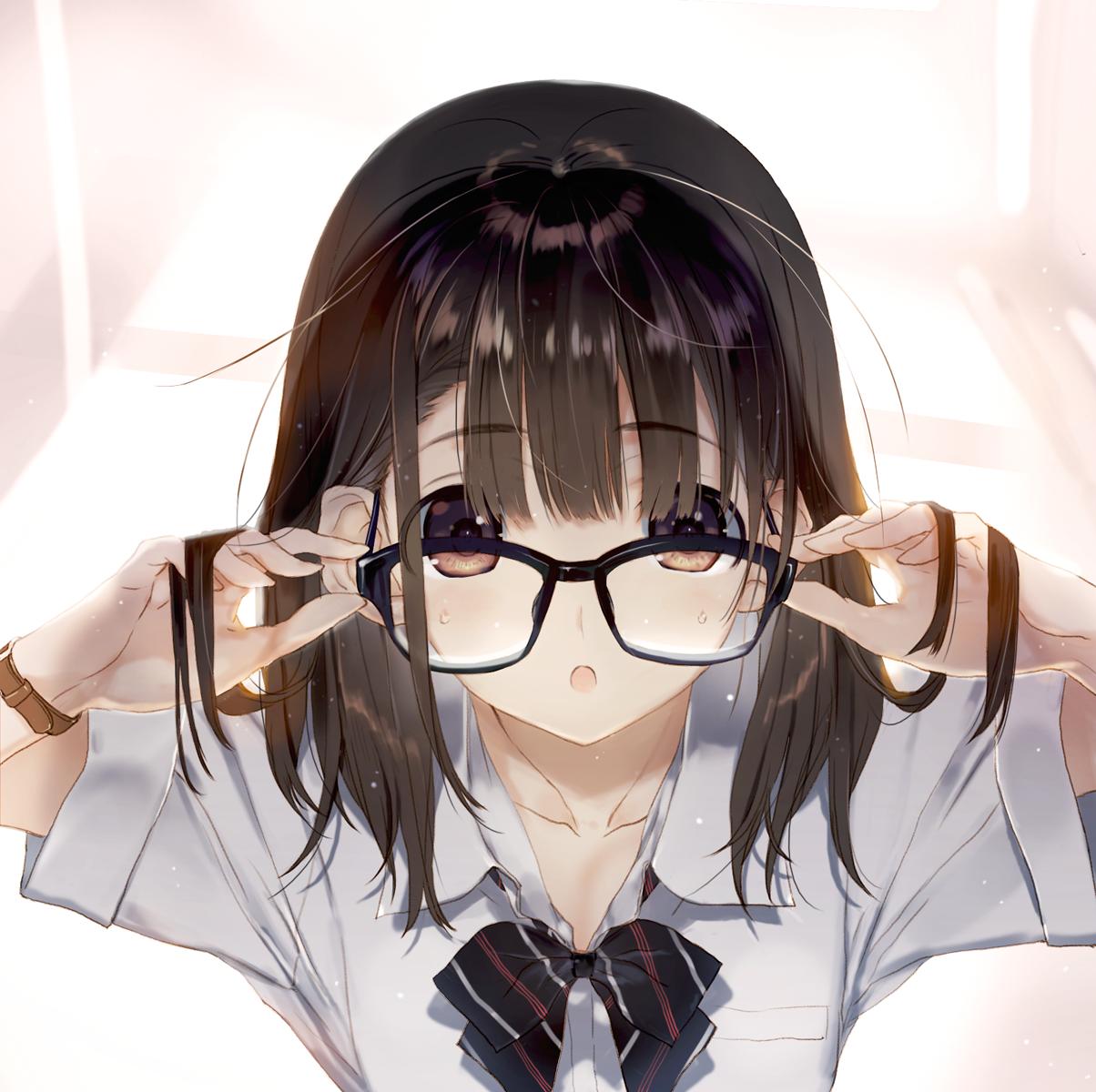 1girl adjusting_eyewear bangs black-framed_eyewear bow brown_eyes brown_hair collarbone commentary eyebrows_visible_through_hair glasses hair_between_eyes hands_up highres holding looking_at_viewer nakamura_takeshi open_mouth original shiny shiny_hair shirt short_hair short_sleeves simple_background upper_body watch watch white_shirt