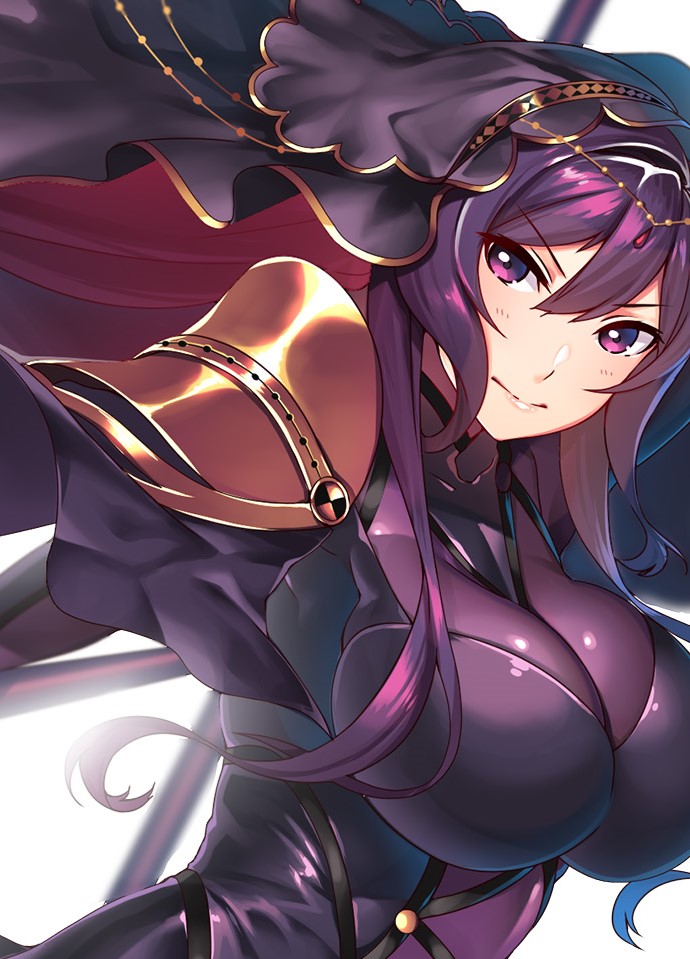 1girl bodysuit breasts cleavage cosplay dual_wielding fate/grand_order fate_(series) female_admiral_(kantai_collection) gae_bolg hiememiko holding large_breasts latex light_smile long_hair nose parted_lips pauldrons polearm purple_hair scathach_(fate)_(all) scathach_(fate/grand_order) scathach_(fate/grand_order)_(cosplay) solo spear veil violet_eyes weapon white_background