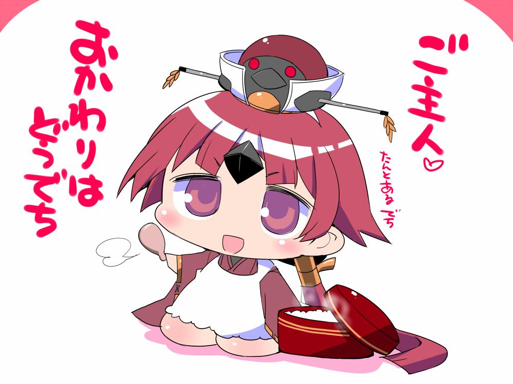 1girl apron benienma_(fate/grand_order) bird_hat blush_stickers chibi comic commentary_request fate/grand_order fate_(series) hat kneeling long_sleeves looking_at_viewer open_mouth ponytail redhead rice_spoon sako_(bosscoffee) short_hair smile solo translation_request violet_eyes white_background wide_sleeves